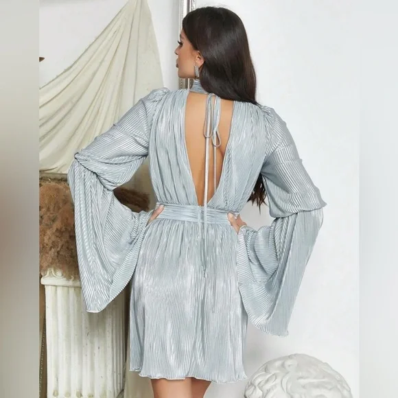 Elegant Vintage Dress Silver V-Neck Ballon sleeves Cinched waist - Size L - Picture 6 of 11